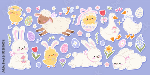Easter sticker set with chicks, bunnies, lamb, geese, flowers and Easter eggs in doodle hand drawn style. Cute spring holiday elements. Vector illustration