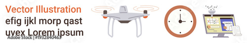 quadcopter technology, time tracking, online learning, innovative tools, productivity, and future trends. A flying Quadcopter, a clock and an online education screen. Drone technology and time