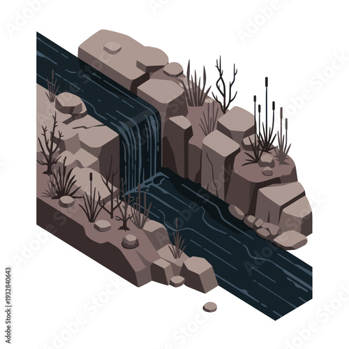 Isometric 3D Illustration of Waterfall Landscape.