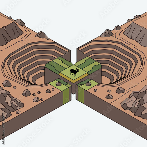 Illustration of Open Pit Mine with Cow.