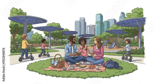 Family Picnic Under Solar Panels in Modern City Park