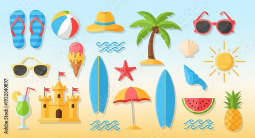 Summer beach vacation elements collection, including sunglasses, beach ball, and refreshing drinks.