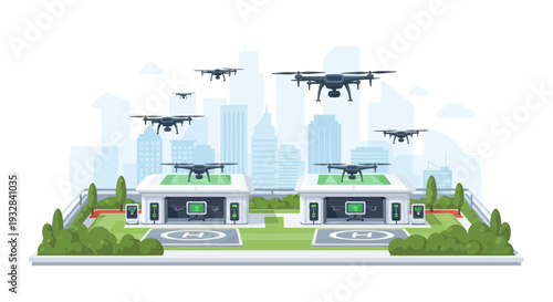 Modern drone delivery service with multiple drones on charging pads in a futuristic city.