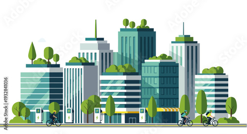 Eco-friendly cityscape with green buildings, charging stations, and cyclists