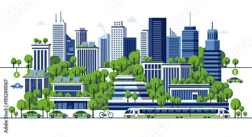 Eco-friendly city skyline with green buildings, solar panels, electric cars, and train