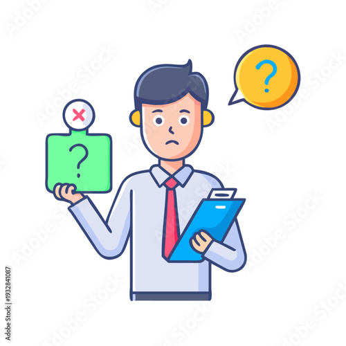 Concerned man with documents and clipboard showing signs of doubt weighing options facing questions in a study learning or problem solving situation
