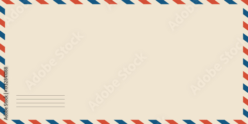 Airmail envelope frame. Commercial envelope. International vintage letter border. Retro air mail postcard with blue and red stripes. Blank correspondence paper template.eps,10