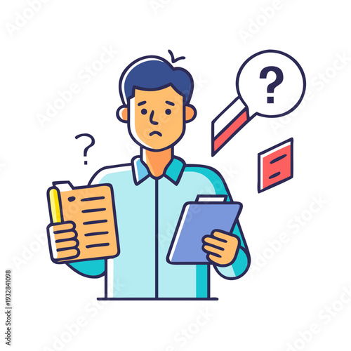 Concerned man with documents and clipboard showing signs of doubt weighing options facing questions in a study learning or problem solving situation
