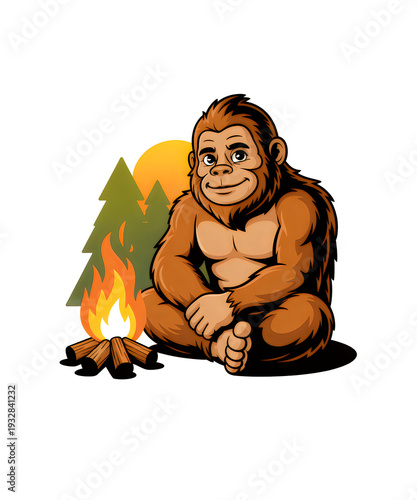 Bigfoot sitting by campfire with trees and sunset sasquatch