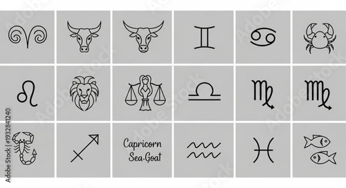 Zodiac signs symbols arranged in a grid, representing astrological concepts.