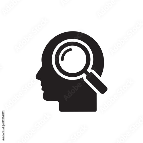 A black silhouette of a human head in profile with a magnifying glass examining the brain, symbolizing investigation and analysis.