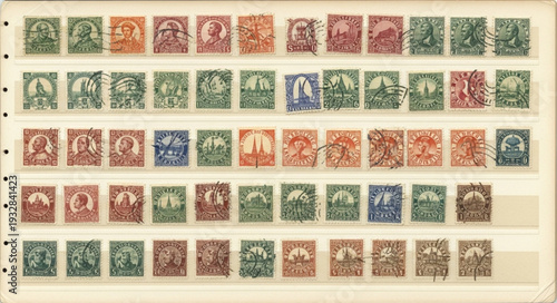 Collection of vintage postage stamps arranged on a display sheet, showcasing history.