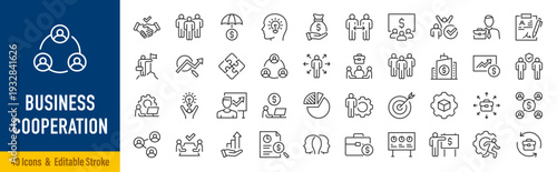Business Cooperation web icons in line style. Meeting, partnership, business people, audience, briefing, plan, collection. Vector illustration.