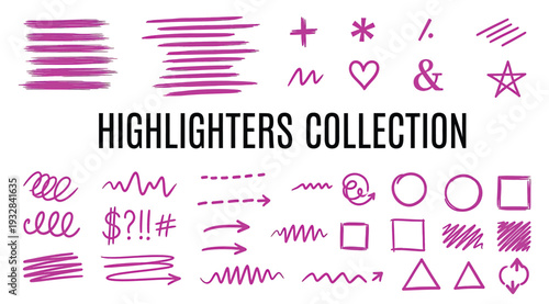 Collection of various pink highlighter marks and symbols on white background for design and editing purposes easily