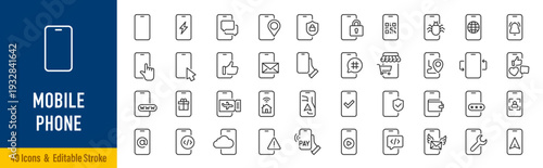 Mobile phone web icons in line style. Smartphone, telephone, call, chat, voice, message, mail, pay, pin, live, collection. Vector illustration.