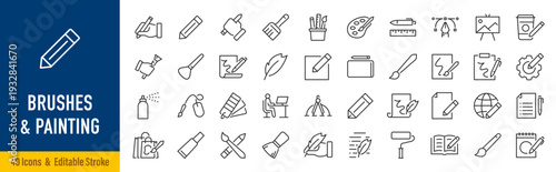Brushes and Painting web icons in line style. Brush, color palette, bucket, can, collection. Vector illustration.