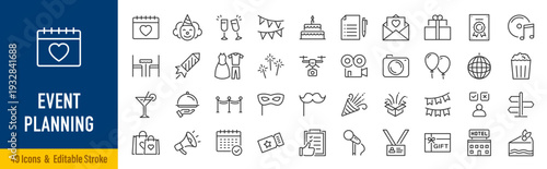 Event planning web icons in line style. Holiday, event, party, celebration, entertainment. Vector illustration.