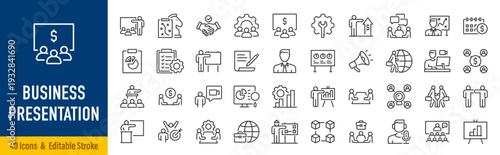Business presentation web icons in line style. Meeting, conference, business people, audience, briefing, plan, collection. Vector illustration.