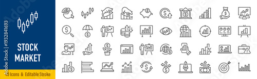 Stock Market web icons in line style. Investment, finance, table, bear, bull, stock exchange, profits, trading, growth ,collection. Vector illustration.