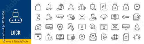 Lock web icons in line style. Security, safe, document, unlock, protection, issue, collection. Vector illustration.