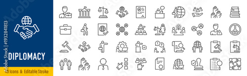 Diplomacy web icons in line style. Political, ambassador, doplomat, consulate, government, collection. Vector illustration.
