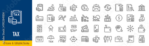 Tax web icons in line style. Pay, duties, interest rate, tax return, vat, tariff, personal tax, collection. Vector illustration.