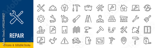 Repair web icons in line style. Engineer, maintenance, tools, support, collection. Vector illustration.