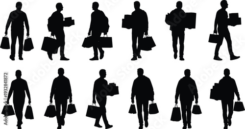 Male shopper silhouette collection, man carrying shopping bags and boxes retail consumer lifestyle vector illustration isolated