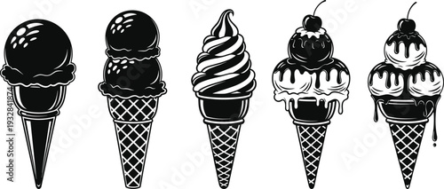 Ice cream cone silhouette set, vintage dessert vector illustration with waffle cones chocolate syrup cherry isolated design