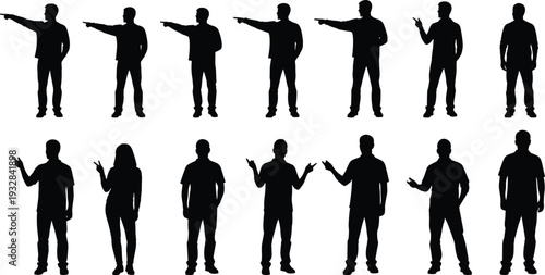 Man pointing silhouette collection, male gestures and hand signs communication body language vector illustration isolated set