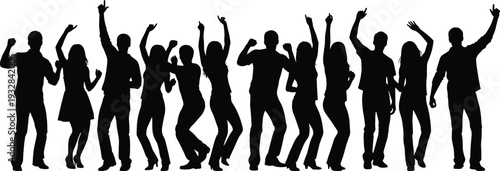 Group of dancing people silhouettes at party celebration, energetic crowd with raised hands music festival vector illustration isolated