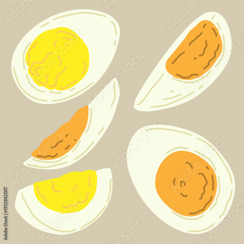Set of boiled eggs. Hand drawn flat vector. Chicken egg, protein, yolk. Cut in half, piece, slice. Healthy food. Nutrition. White, yellow. Doodle illustration.