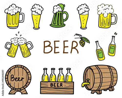 Beer set. Hand drawn flat vector. Alcoholic drink. Glass, mug, barrel, crate, bottle. Drunk. Festival. Hops, malt, foam, carbonated. Doodle illustration.