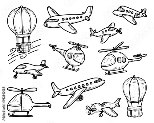 Air transport set. Vector doodle hand drawn. Airplane, helicopter, hot air balloon. Aircraft. Flight, overflight. Travel by air. Line art graphic illustration.