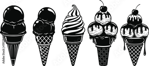 Ice cream cone silhouette collection, vintage dessert vector illustration with waffle cones scoops syrup cherry isolated design