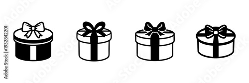 Round Gift Box Icons In Hand Drawn Style Set. Celebration, Holiday, And Present Doodle Sketch Collection. Festive Packaging Design. Isolated Vector Illustration