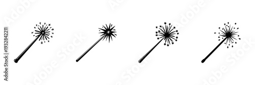 Magic Wand Icons In Hand Drawn Style Set. Fantasy, Enchantment, And Wizardry Doodle Sketch Collection. Magical Sparkle Effects. Isolated Vector Illustration