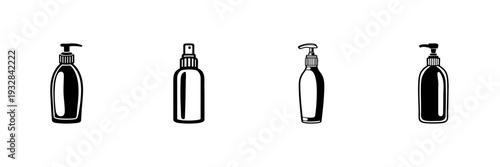 Hand Drawn Style Set Of Pump And Spray Bottles. Personal Care, Hygiene, And Beauty Product Containers Doodle Sketch Collection. Cosmetic Packaging Design. Isolated Vector Illustration