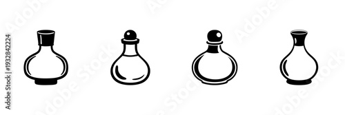 Glass Bottles Collection In Hand Drawn Style Set. Vintage Potion, Perfume, And Elixir Containers Doodle Sketch Collection. Apothecary And Alchemy Design. Isolated Vector Illustration