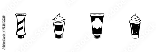 Toothpaste And Cream Tubes In Hand Drawn Style Set. Personal Care, Hygiene, Skincare, And Beauty Products Doodle Sketch Collection. Isolated Vector Illustration