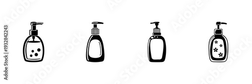 Liquid Soap Dispenser Bottles In Hand Drawn Style Set. Personal Hygiene, Skincare, Handwashing Doodle Sketch Collection. Bathroom Essentials. Isolated Vector Illustration
