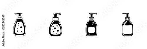 Hand Soap Dispenser Bottles In Hand Drawn Style Set. Personal Hygiene, Skincare, Liquid Soap Packaging Doodle Sketch Collection. Bathroom Essentials. Isolated Vector Illustration