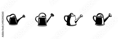 Watering Cans In Hand Drawn Style Set. Gardening Tools, Plant Care, Irrigation Doodle Sketch Collection. Vintage Garden Equipment. Isolated Vector Illustration