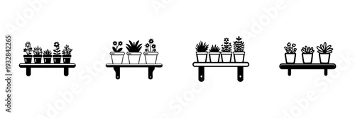 Potted Plants On Shelves In Hand Drawn Style Set. Indoor Gardening, Home Decor, Botanical Arrangement Doodle Sketch Collection. Minimalist Plant Display. Isolated Vector Illustration