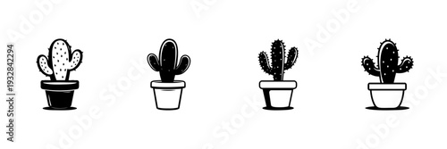 Potted Cactus Plants In Hand Drawn Style Set. Succulent Plant Variety, Indoor Gardening, Home Decor Doodle Sketch Collection. Minimalist Botanical Art. Isolated Vector Illustration