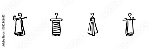 Towel Hangers In Hand Drawn Style Set. Bathroom Decor, Organization, And Home Accessories Doodle Sketch Collection. Decorative And Functional Design. Isolated Vector Illustration