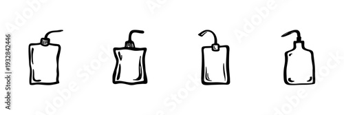 Hand Drawn Liquid Dispenser Bottles In Doodle Style Set. Personal Care, Hygiene, And Cleaning Product Packaging Sketch Collection. Isolated Vector Illustration