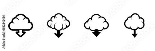 Cloud Download Icons In Hand Drawn Style Set. Data Transfer, Cloud Storage, File Download Doodle Sketch Collection. Digital Technology Symbols. Isolated Vector Illustration