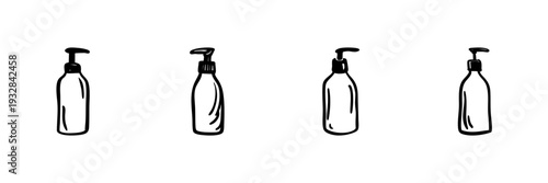 Hand Soap Dispenser Bottles In Hand Drawn Style Set. Hygiene, Skincare, And Personal Care Doodle Sketch Collection. Bathroom Essentials. Isolated Vector Illustration