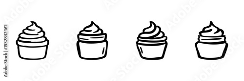 Cupcake Icons In Hand Drawn Style Set. Sweet Dessert, Bakery, Confectionery Doodle Sketch Collection. Whipped Cream Topping. Isolated Vector Illustration